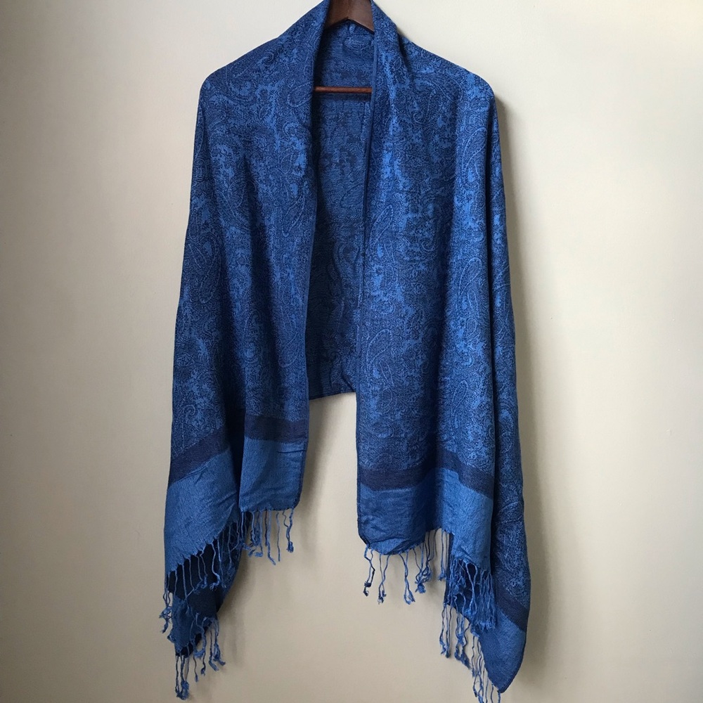 Royal Blue Paisley Pashmina Tasseled Scarf